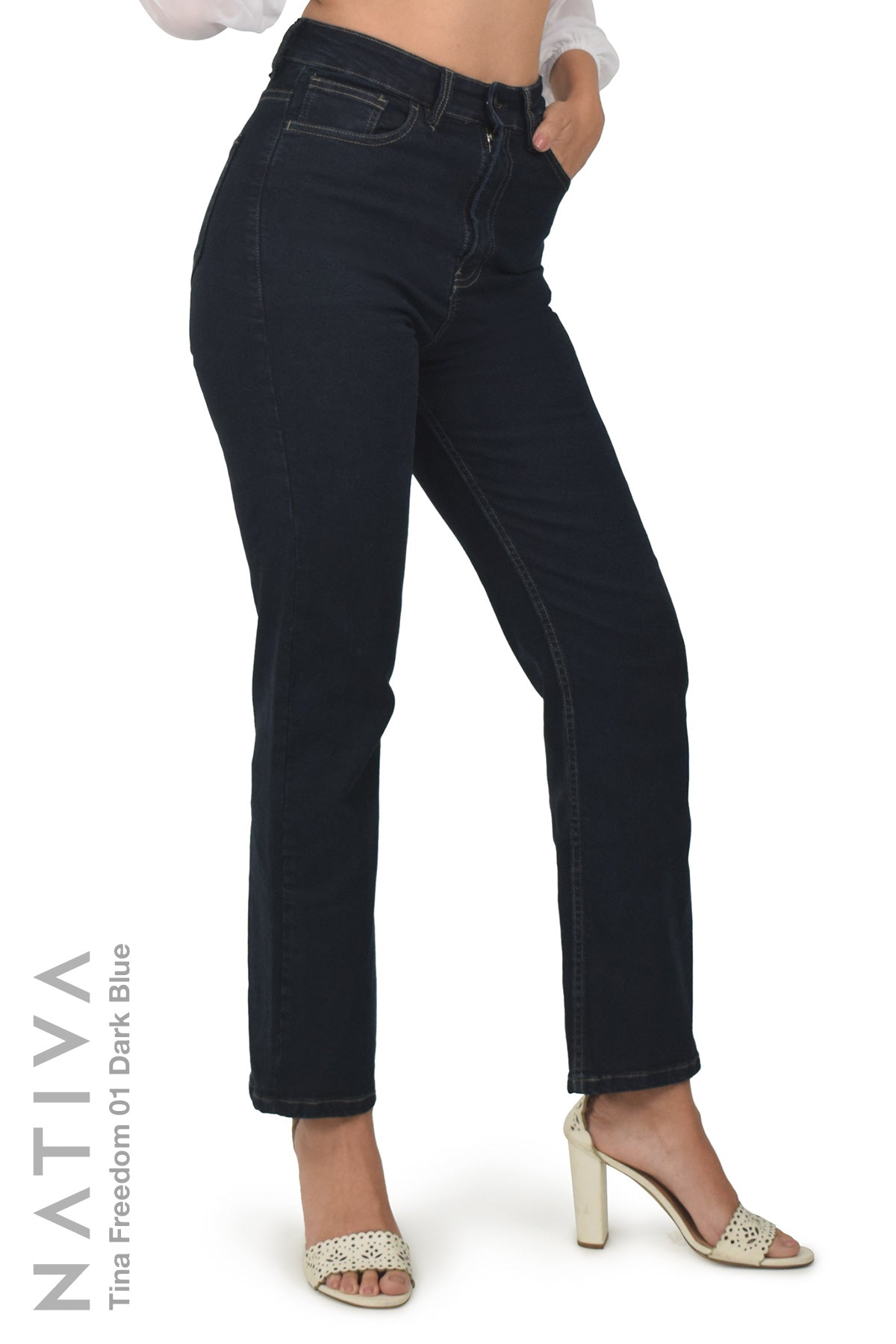 STRAIGHT JEANS, TINA FREEDOM 01 DARK BLUE. Talle Alto. Con tejidos ESFD (Extreme Stretch Flattering Denim). Cintura Ajustable PERFECT FIT®