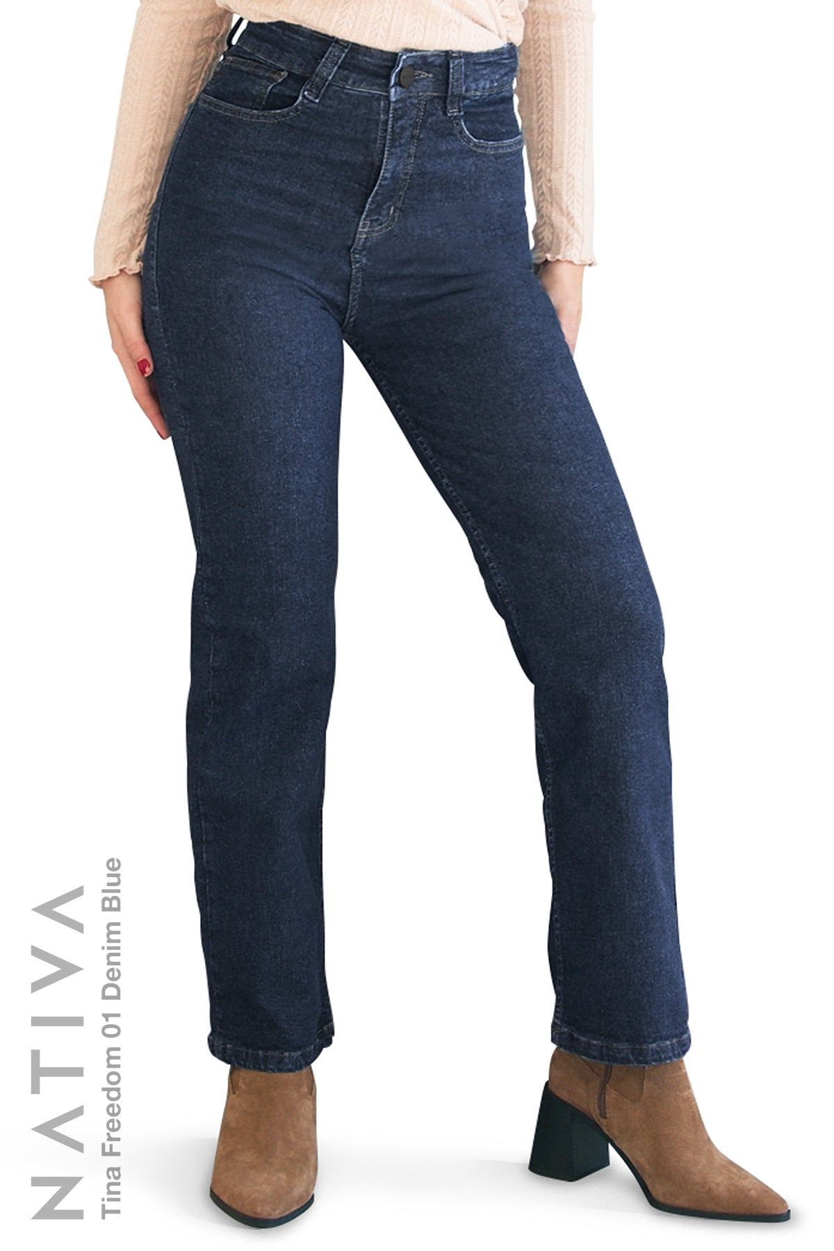 STRAIGHT JEANS, TINA FREEDOM 01 DENIM BLUE. Talle Alto. Con tejidos ESFD (Extreme Stretch Flattering Denim). Cintura Ajustable PERFECT FIT®